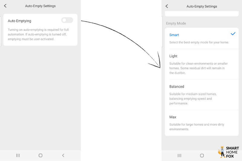 The various settings for operating the auto-empty dock can be seen in the Roborock Q7 Max app.